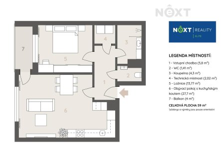 Pronájem bytu, 2+kk, 59 m²