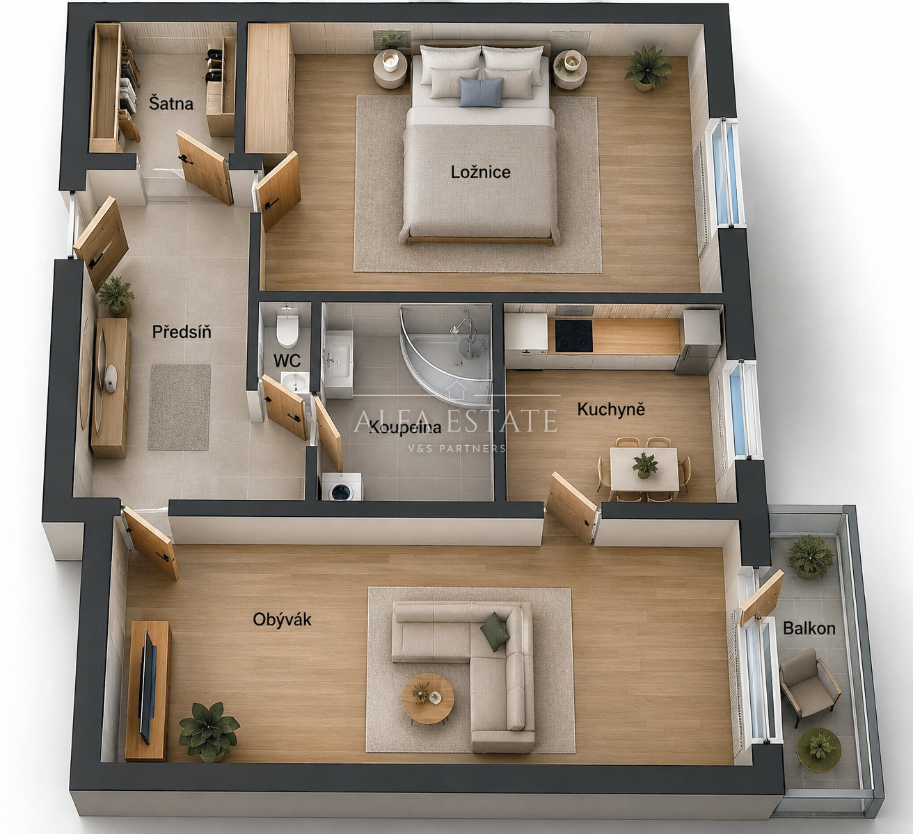 Pronájem zařízeného bytu 2+1, 63m2 s balkonem, Vítězná, Drahovice