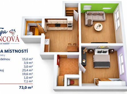 Pronájem bytu, 2+1, 73 m²
