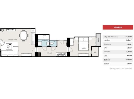 Pronájem bytu, 2+kk, 47 m²