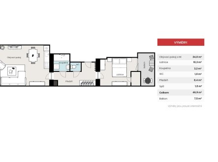 Pronájem bytu, 2+kk, 47 m²