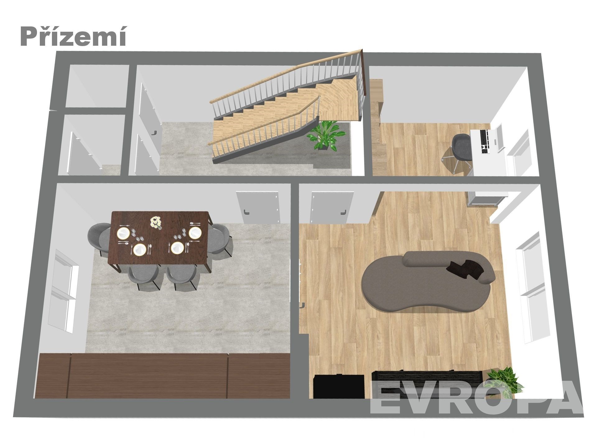 Prázdný obývací pokoj s moderní parketovou podlahou, velkým oknem a elegantním schodištěm kombinujícím dřevo a kov pro stylový design.