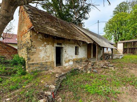 Starý venkovský dům s kamennou fasádou, dřevěnou střechou a potřebou rekonstrukce, nachází se na prostorném pozemku obklopeném zelení. | Prodej - dům/vila, 80 m²