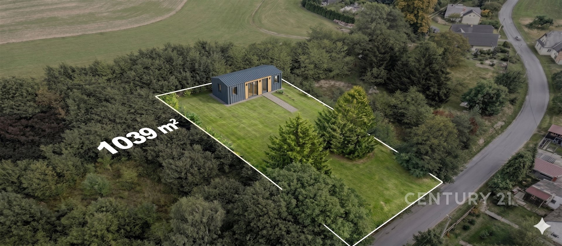 Nabídka pozemku o rozloze 1039 m² s moderní chatou, obklopená zelení v klidné lokalitě, ideální pro rekreaci či investici.