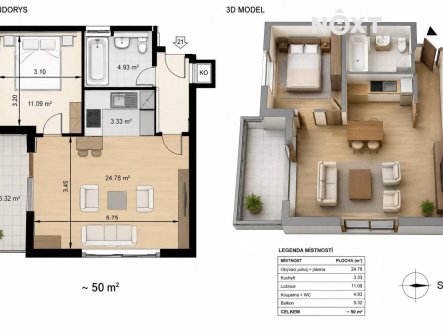 Pronájem bytu, 2+kk, 50 m²
