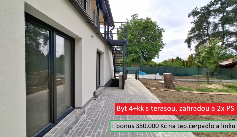 Prodej moderního bytu 4+kk s terasou, zahradou a 2x park. stání v obci Jirny, okr. Praha-východ