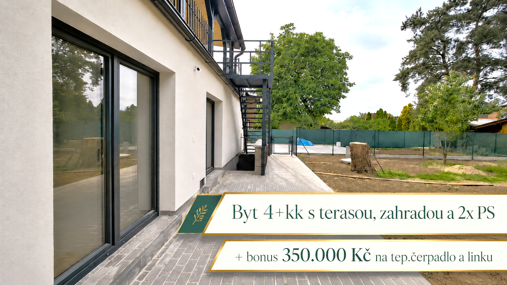 Prodej moderního bytu 4+kk s terasou, zahradou a 2x park. stání v obci Jirny, okr. Praha-východ
