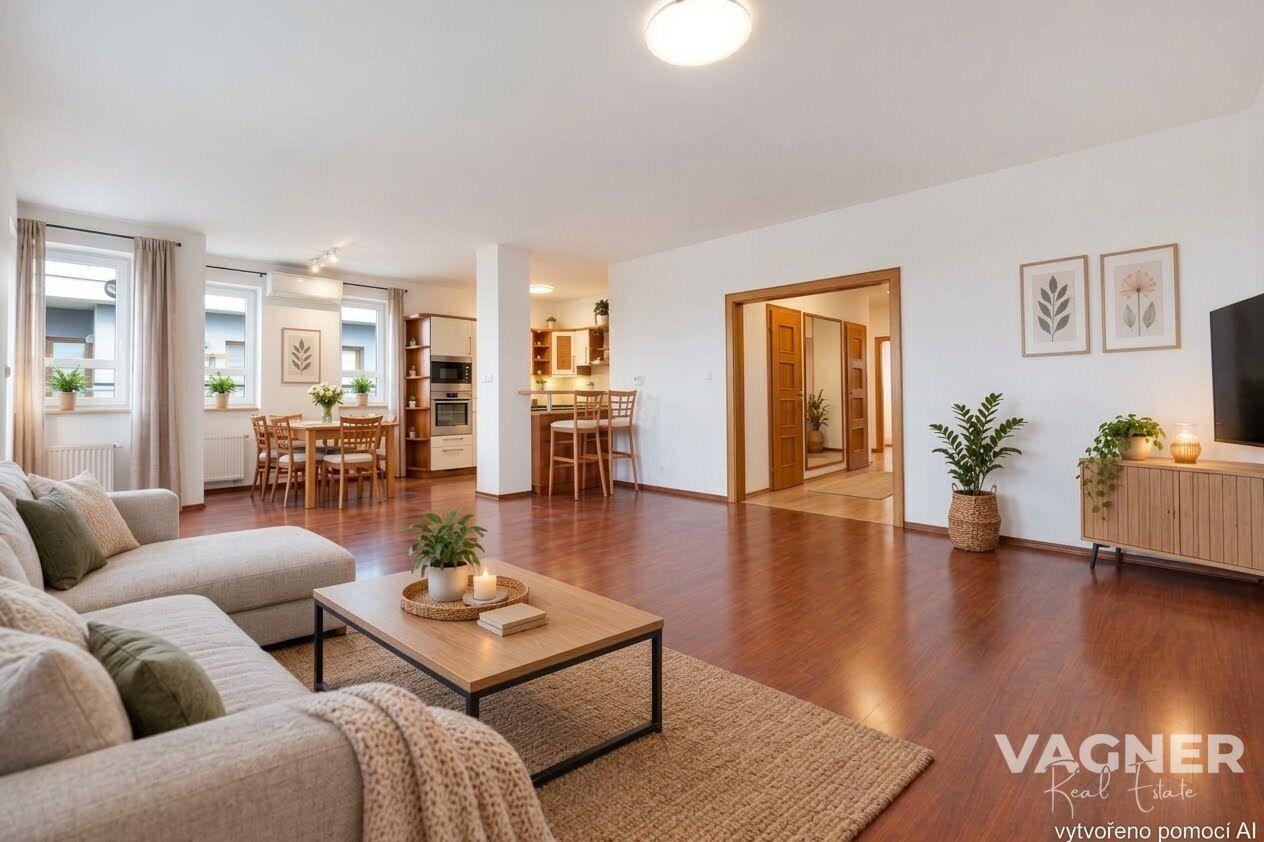 Pronájem bytu 3+kk, 96 m², se dvěma terasami 31 m², ulice Novostrašnická, Praha 10