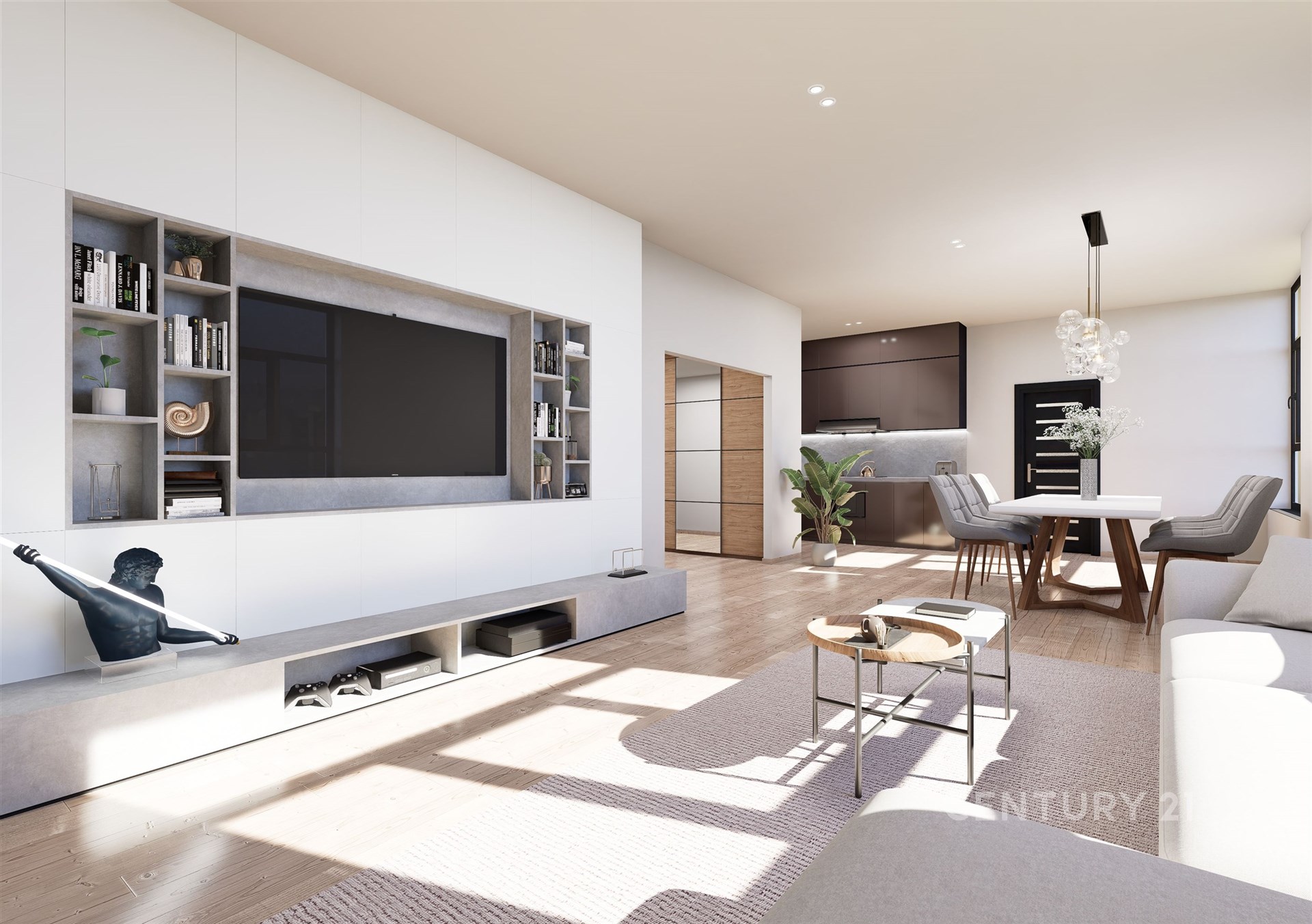 Světlý obývací pokoj s parketovou podlahou, vestavěné skříně a moderní nábytek. Velká okna propouštějí dostatek přirozeného světla.