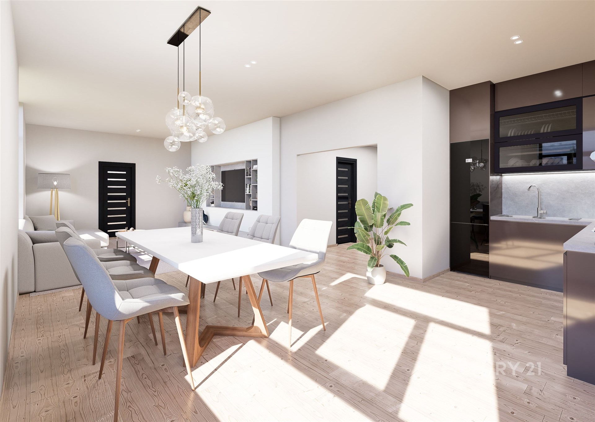 Světlá jídelna s moderním dřevěným stolem, parketovou podlahou a elegantním osvětlením, vedle které je otevřená kuchyň s tmavým nábytkem.