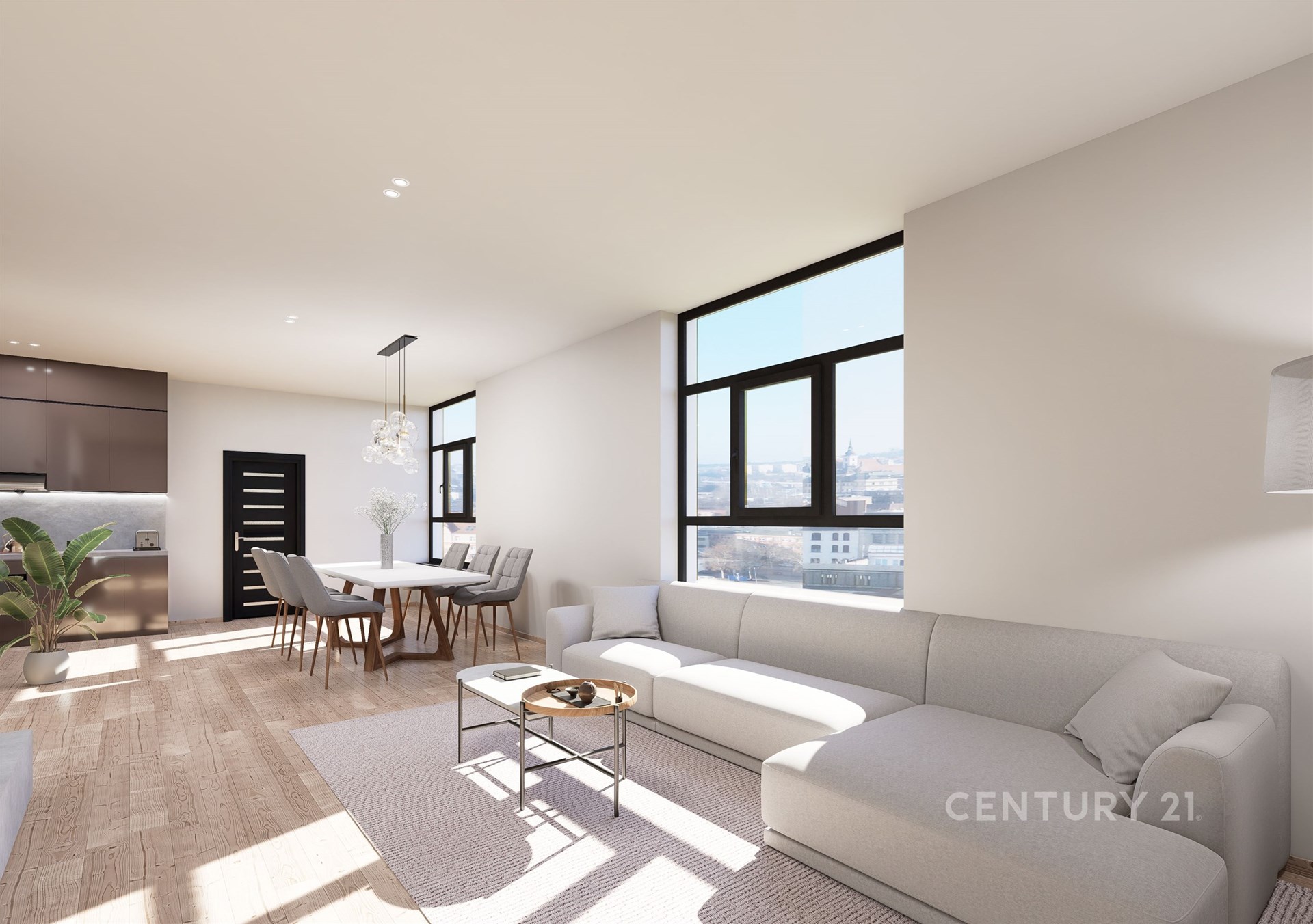 Světlý obývací pokoj s parketovou podlahou, moderním nábytkem a velkými okny, které poskytují dostatek přirozeného světla.