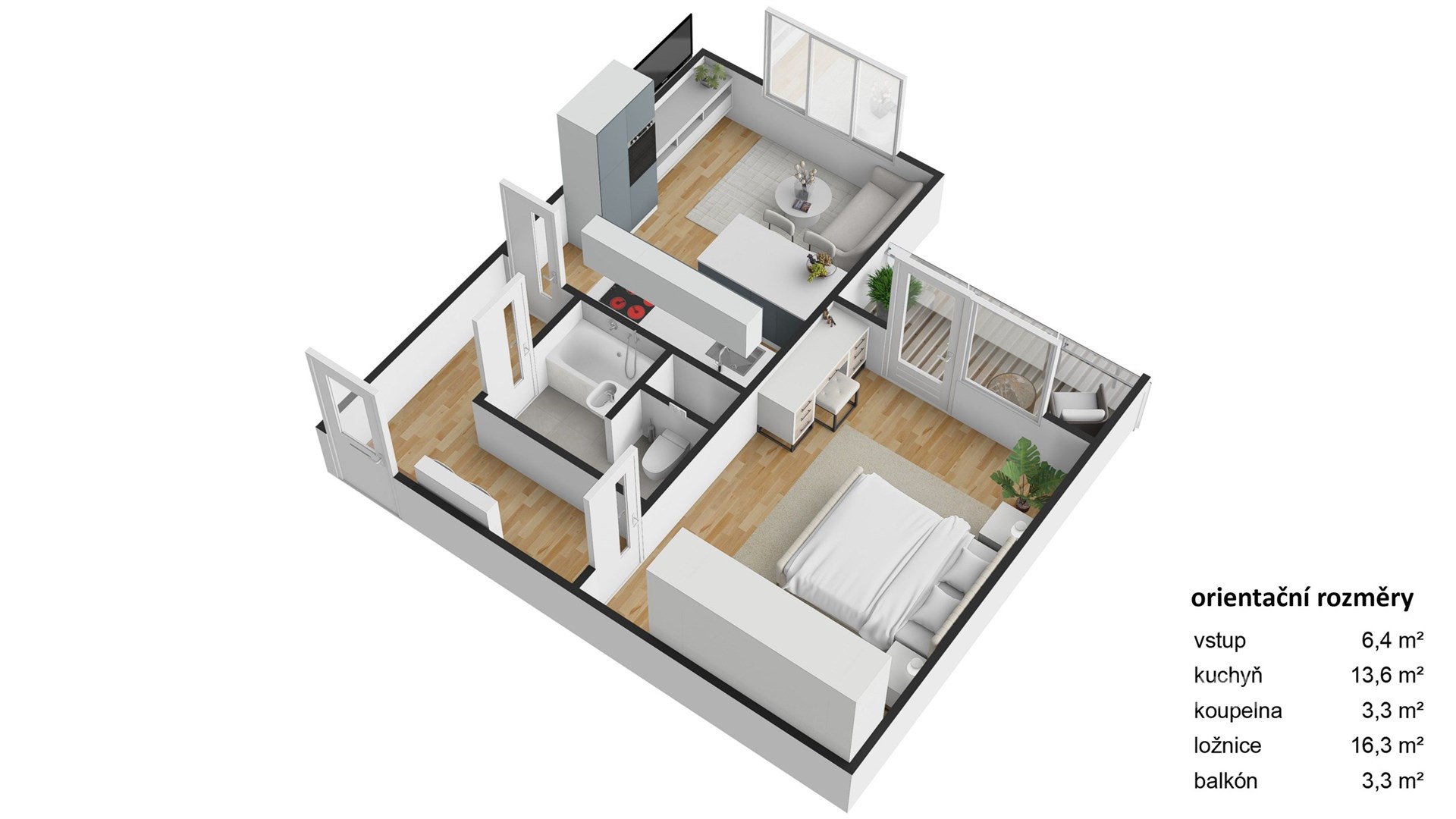 Moderní kuchyň s parketovou podlahou a vestavěnými spotřebiči, vedle světlého obývacího pokoje s velkými okny a přístupem na balkon