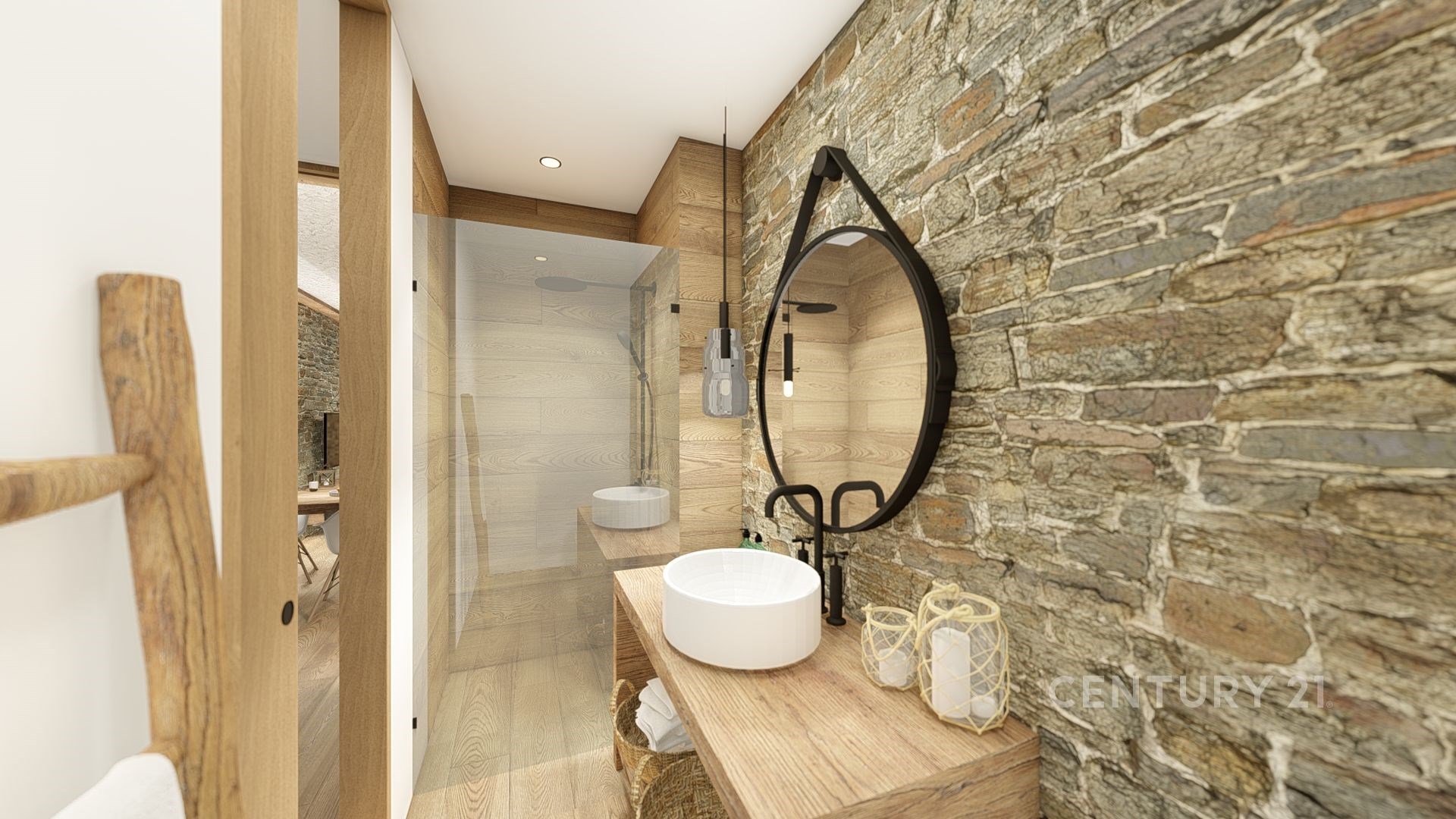 Koupelna s kamennou stěnou, moderním zařízením a dřevěným nábytkem, nabízí stylový petrifikovaný vzhled a elegantní design.