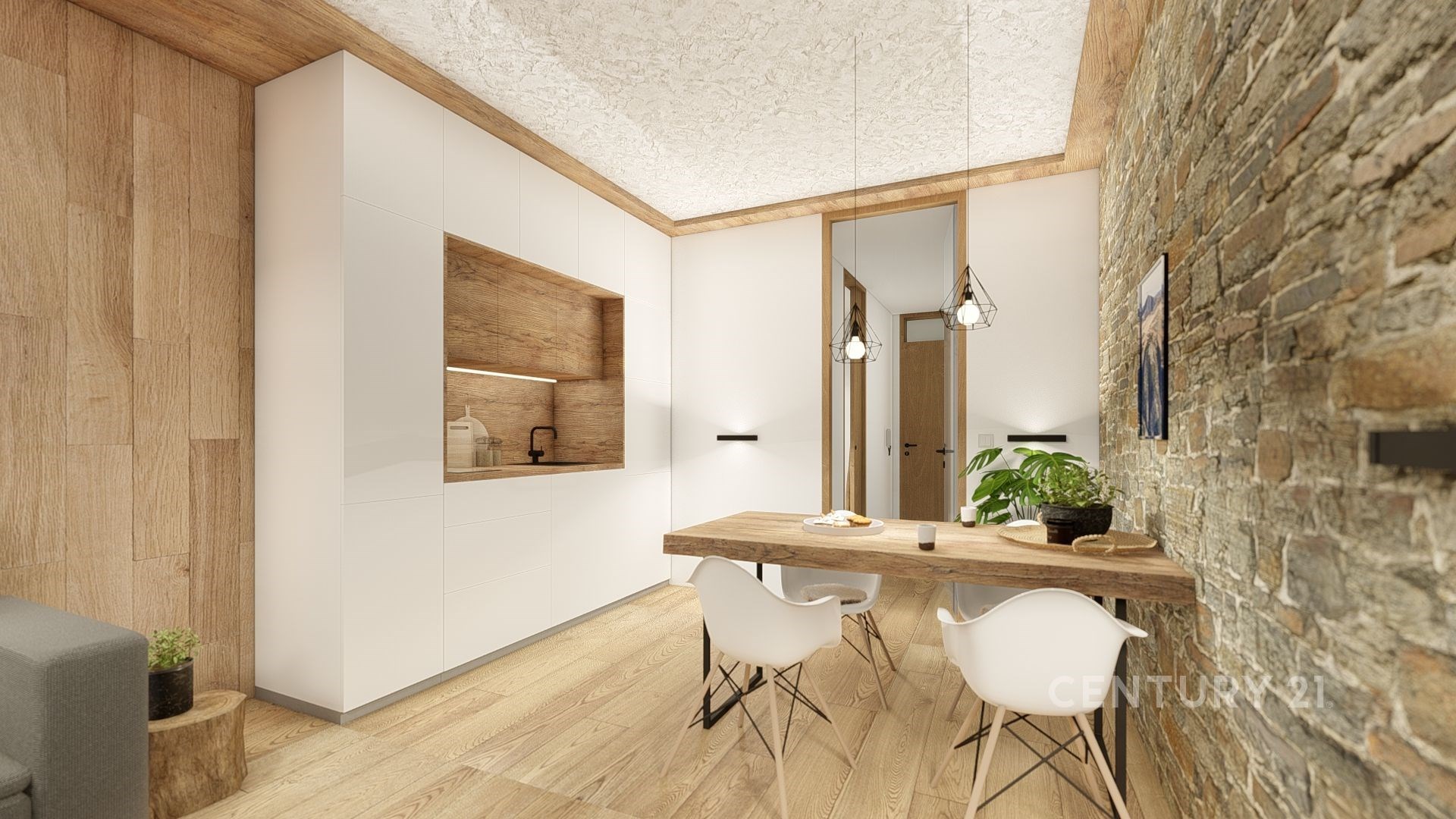 Moderní kuchyň s dřevěnou podlahou a obložením, kamenná zeď, vestavěné spotřebiče a minimalistický jídelní kout se stylovým nábytkem.