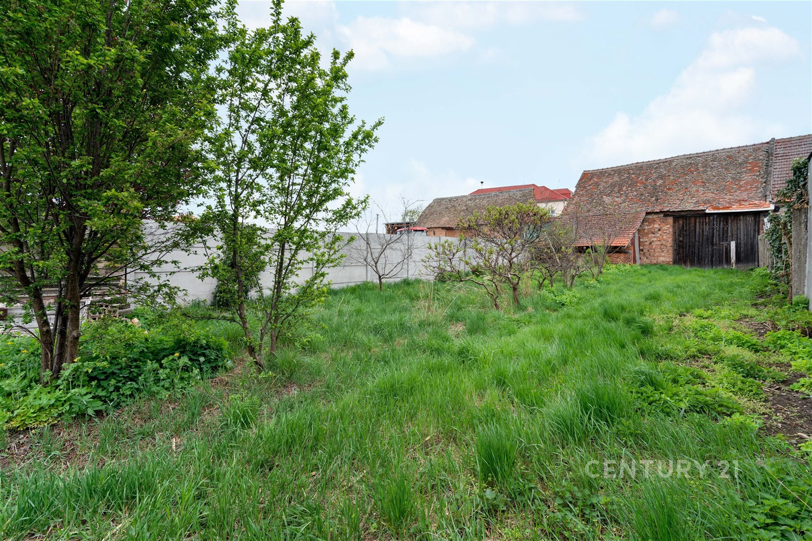 Zahrada se stromy, travnatá plocha a cihlová stavba, ideální pro rekonstrukci nebo výstavbu, klidná lokalita.