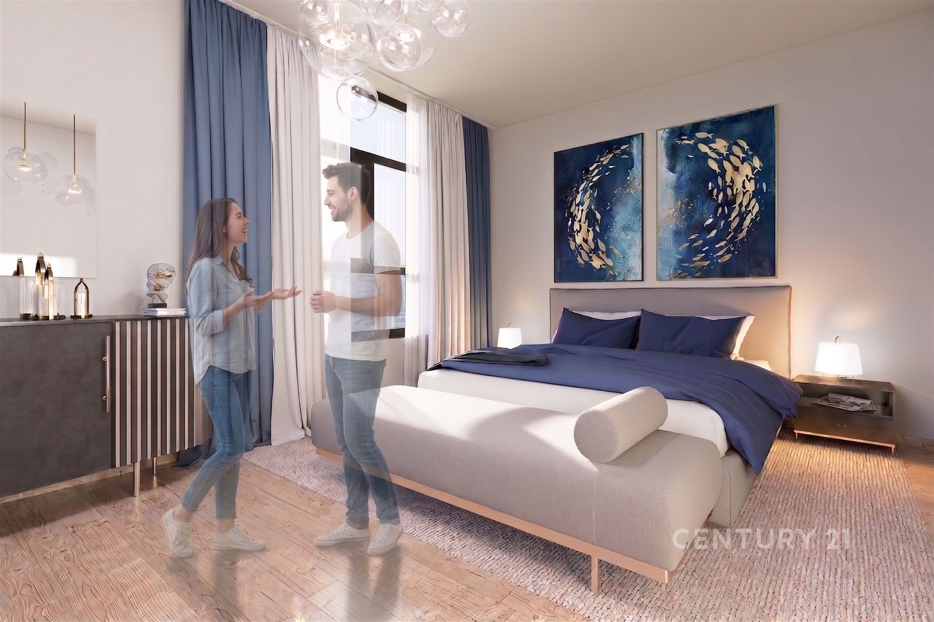 Světlá ložnice s parketovou podlahou nabízí moderní interiér, velká okna a stylový nábytek, což vytváří příjemnou atmosféru.