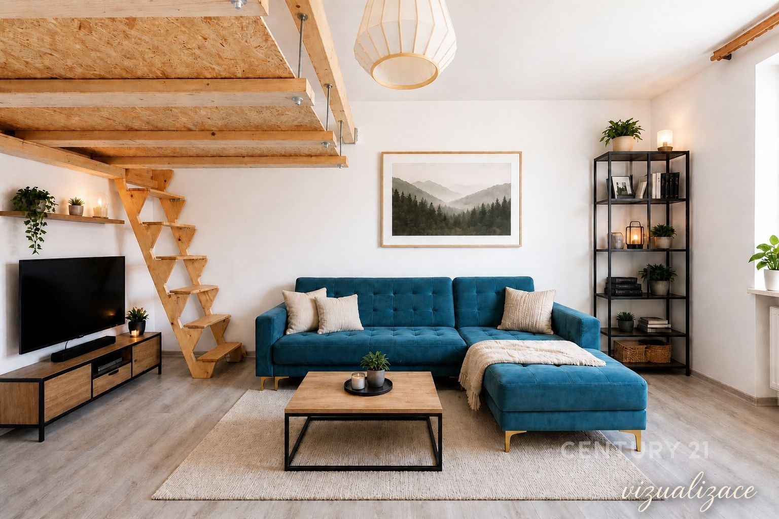 Světlý obývací pokoj s moderní pohovkou, dřevěnými schody a parketovou podlahou, doplněný velkými okny a minimalistickým dekorem.