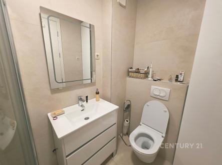 Moderní koupelna s dlažbou, elegantní umyvadlo se zrcadlem a úložné skříňky. Prostor světlý s neutrálními odstíny a kvalitním vybavením.