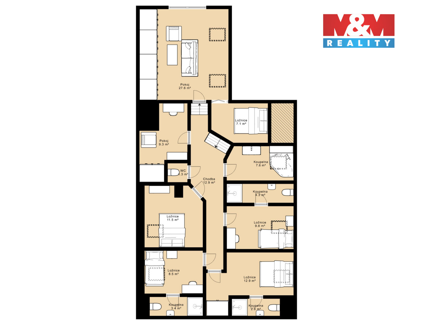 Půdorys 1. patra - pokoje č. 1 až 5