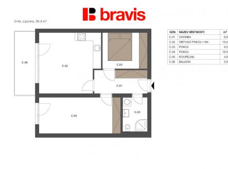 Prodej bytu, 3+kk, 56 m²