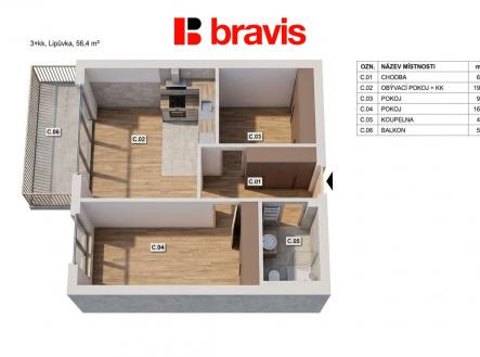 Prodej bytu, 3+kk, 56 m²