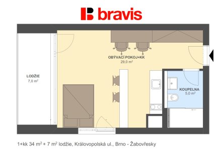 Pronájem bytu, 1+kk, 34 m²