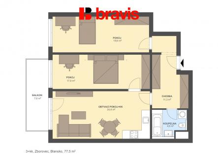 Prodej bytu, 3+kk, 77 m²