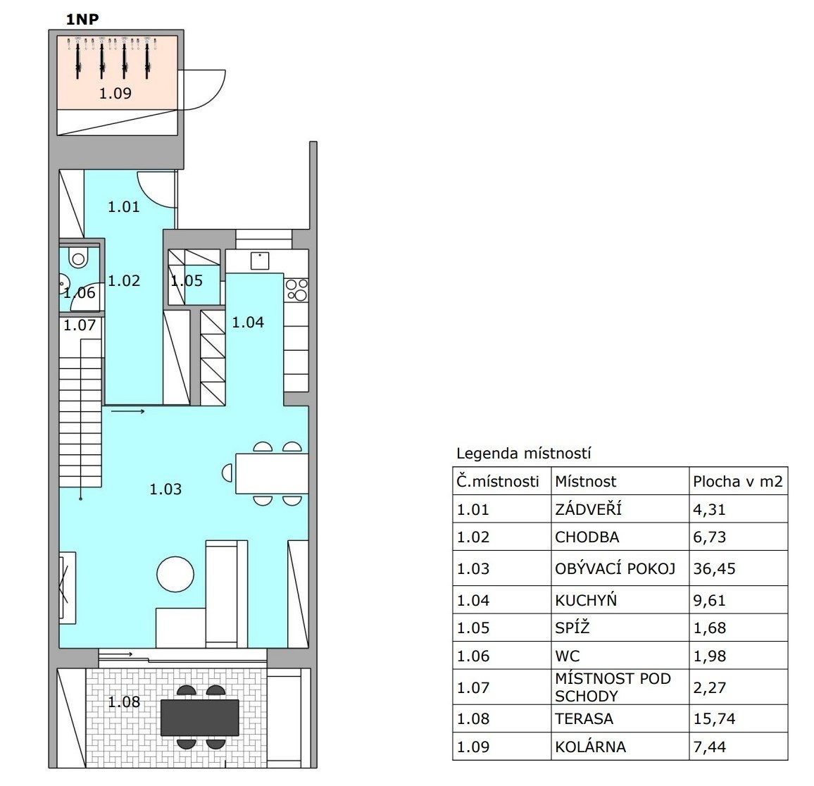 Půdorys levá kolárna BARVA 1NP