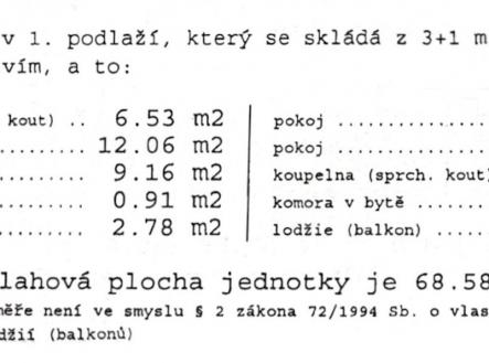 Prodej bytu 3+1 Praha 8 Troja Glowackého - výměry