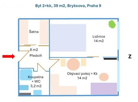 Pronájem bytu, 2+kk, 39,3 m²