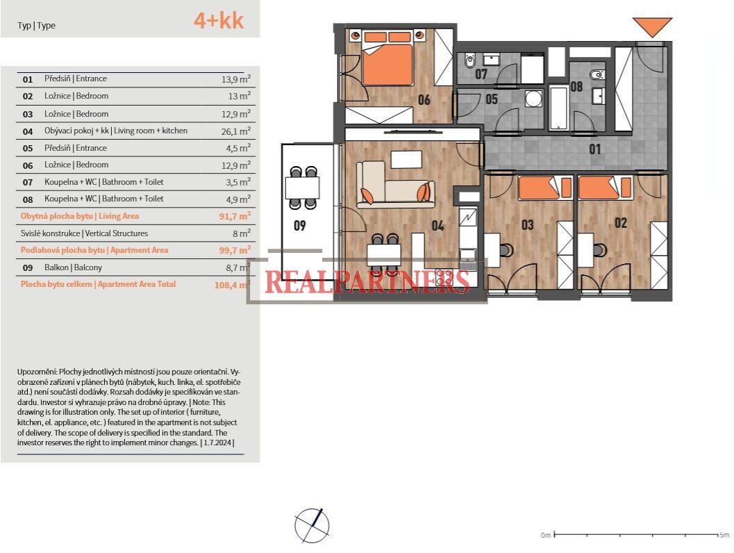 Novostavba bytu 4+kk o ploše 99,7m2 + 8,7m2 balkón ve výstavbě u Roztylského náměstí.
