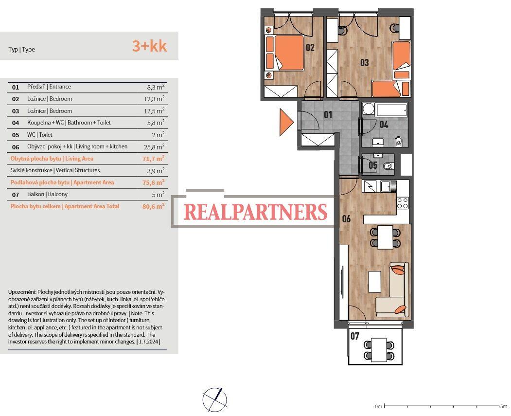 Novostavba bytu 3+kk o ploše 75,6m2 + 5m2 balkón ve výstavbě u Roztylského náměstí.