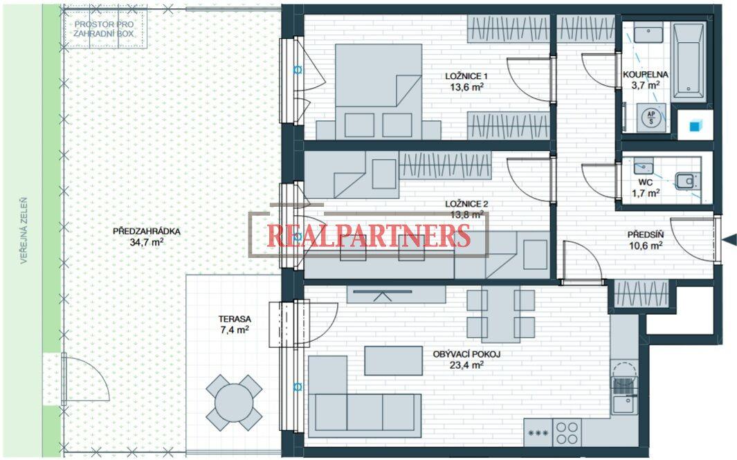 Postoupíme nový družstevní byt o dispozici 3+kk ploše 74m2 + terasa 7,4m2 + předzahrádkou 34,7m2