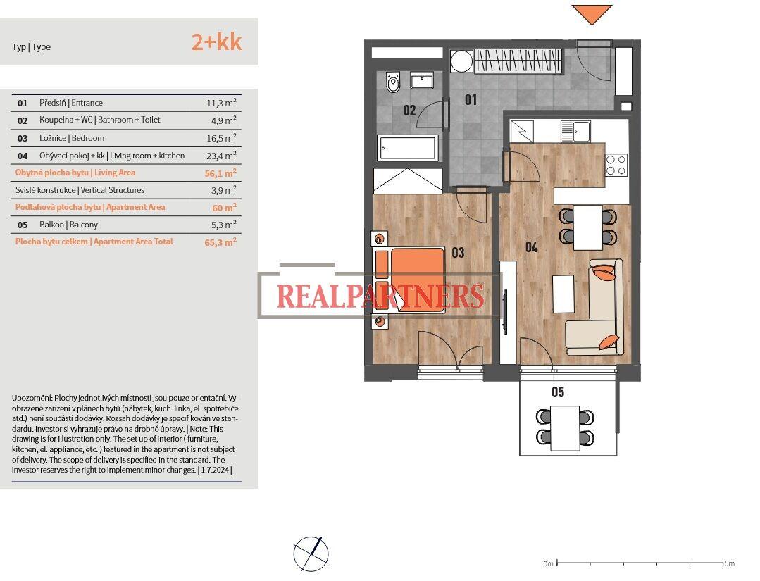 Novostavba bytu 2+kk o ploše 60m2 + 5,3m2 balkón ve výstavbě u Roztylského náměstí.