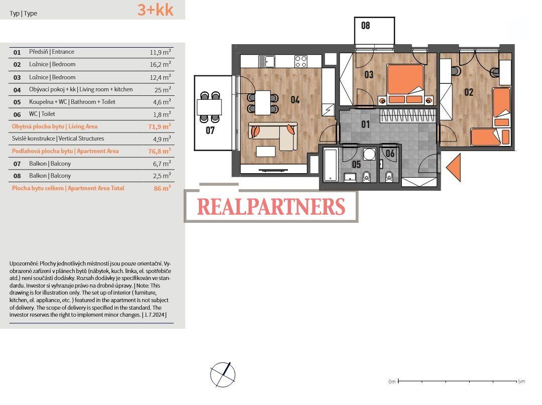 Novostavba bytu 3+kk o ploše 76,8m2 + 2x balkón 6,7m2 + 2,5m2 ve výstavbě u Roztylského náměstí.