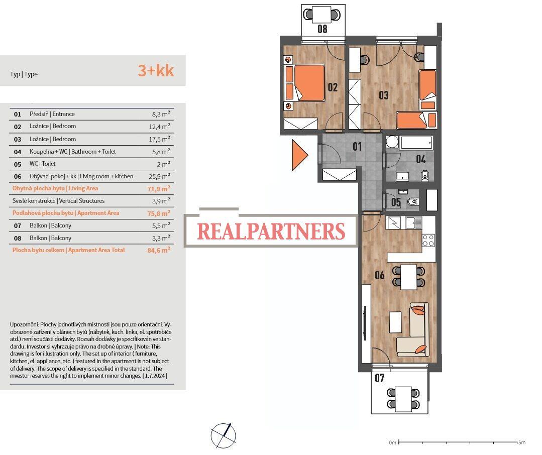 Novostavba bytu 3+kk o ploše 75,8m2 + 2x balkón 5,5m2 + 3,3m2 ve výstavbě u Roztylského náměstí.