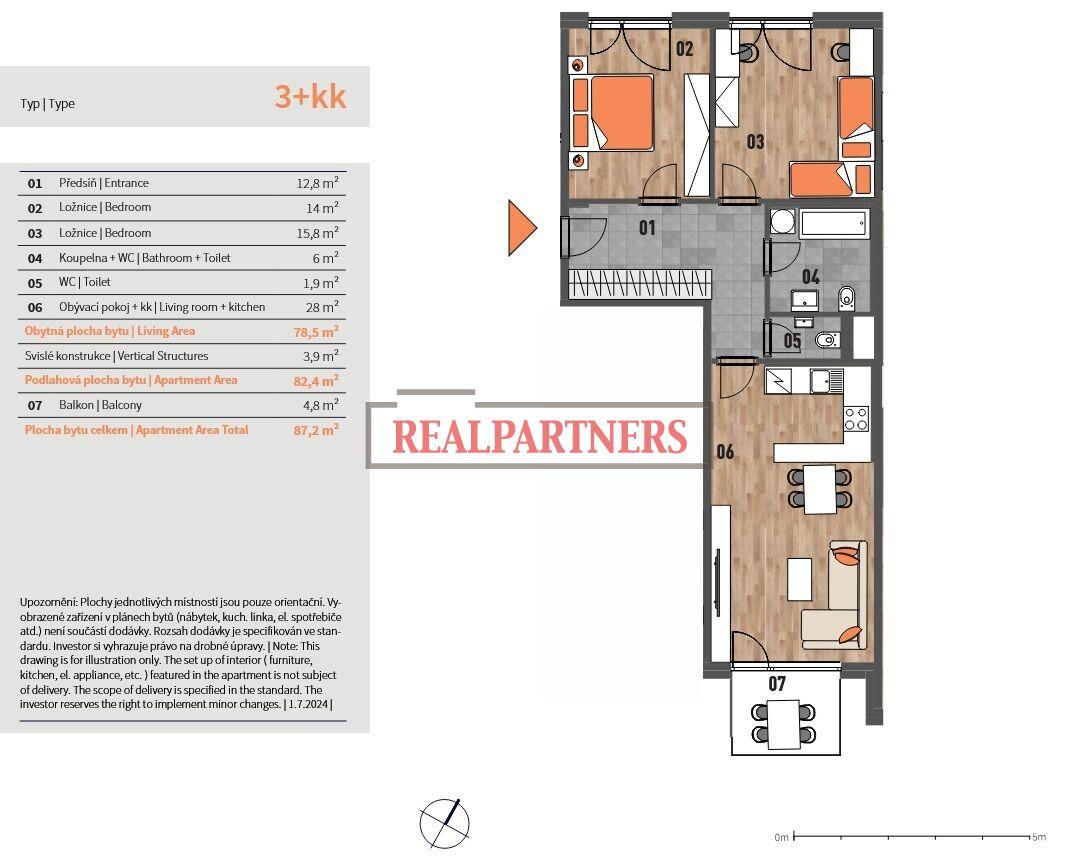 Novostavba bytu 3+kk o ploše 82,4m2 + 4,8m2 balkón ve výstavbě u Roztylského náměstí.
