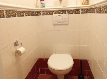 Malá koupelna s bílými obklady, keramická dlažba a moderní WC, dekorativní kachličky, světlé stěny.