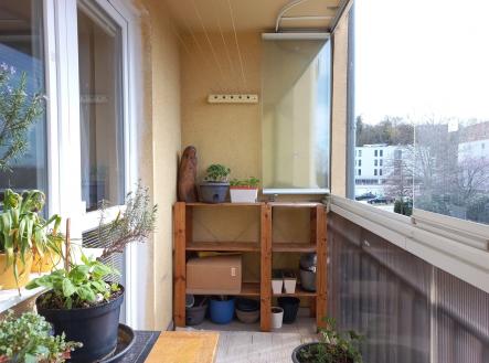 Útulný balkon s dřevěnými poličkami, dlažbou a výhledem na město, ideální pro pěstování rostlin.