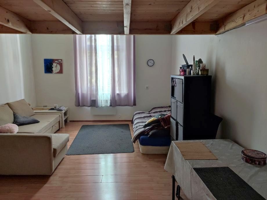 Obývací pokoj s parketovou podlahou, velkými okny a dřevěným stropem. Světlý prostor s moderním nábytkem v rekonstruovaném bytě.