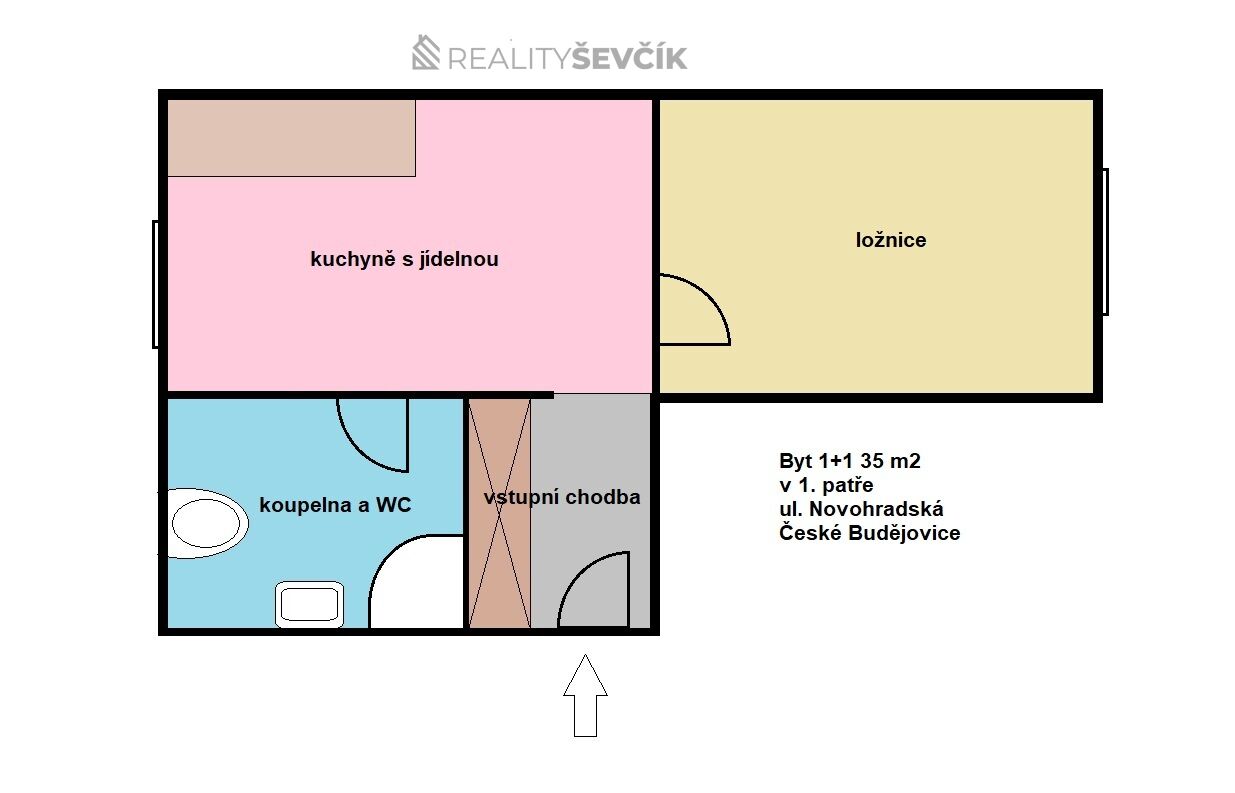 Pronájem bytu 1+1 o výměře 35 m2 v centru Českých Budějovic