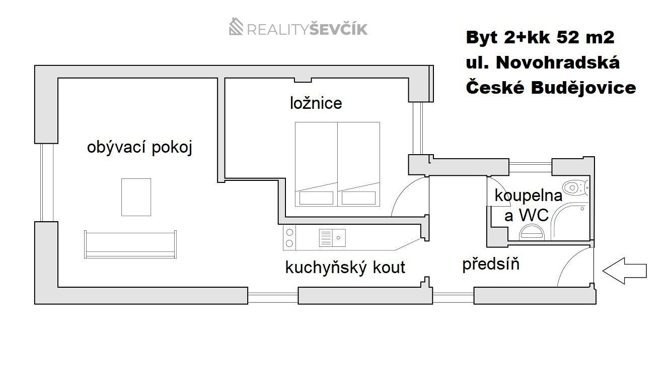 Pronájem bytu 2+kk, 52 m² – Novohradská 317/2, České Budějovice (centrum)