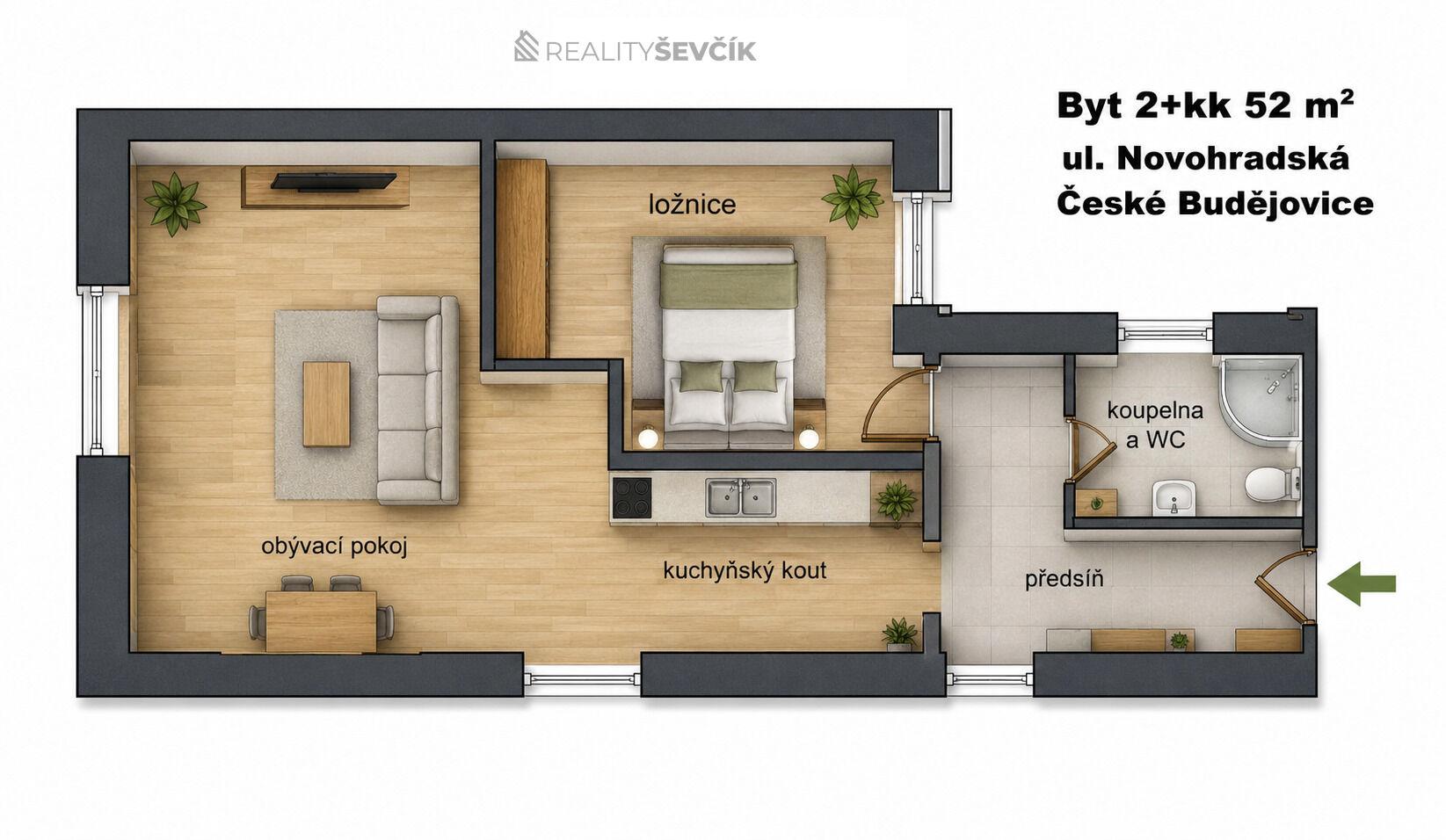 Pronájem bytu 2+kk, 52 m² – Novohradská 317/2, České Budějovice (centrum)