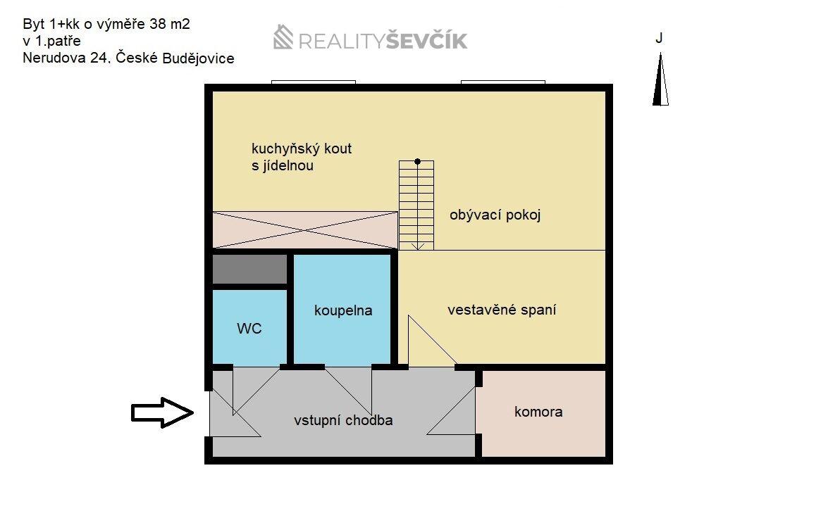 Pronájem bytu 1+kk, 38 m2 v širším centru Českých Budějovic