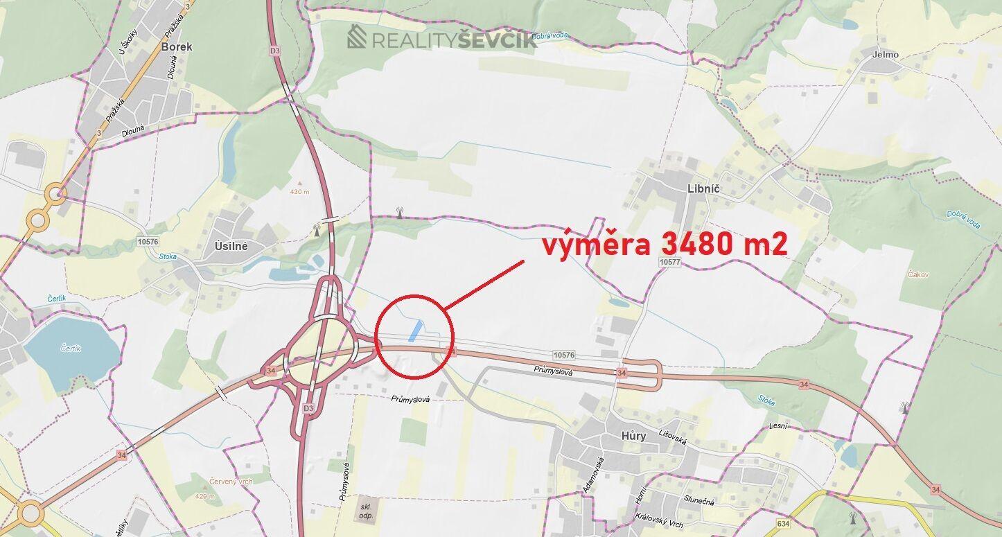 Prodej pozemku pro komerční využití o výměře 3480 m2 v k.ú. Hůry, okres České Budějovice