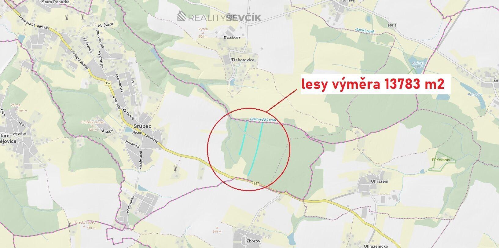 Prodej lesních pozemků o výměře 13783 m2 v k.ú. Srubec, okres České Budějovie