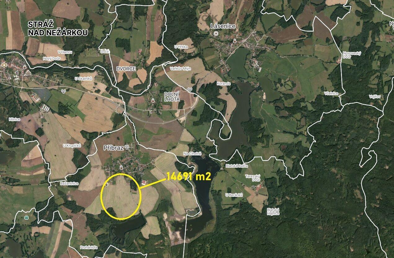Prodej zemědělské půdy 14691 m2 v obci Příbraz, okres Jindřichův Hradec