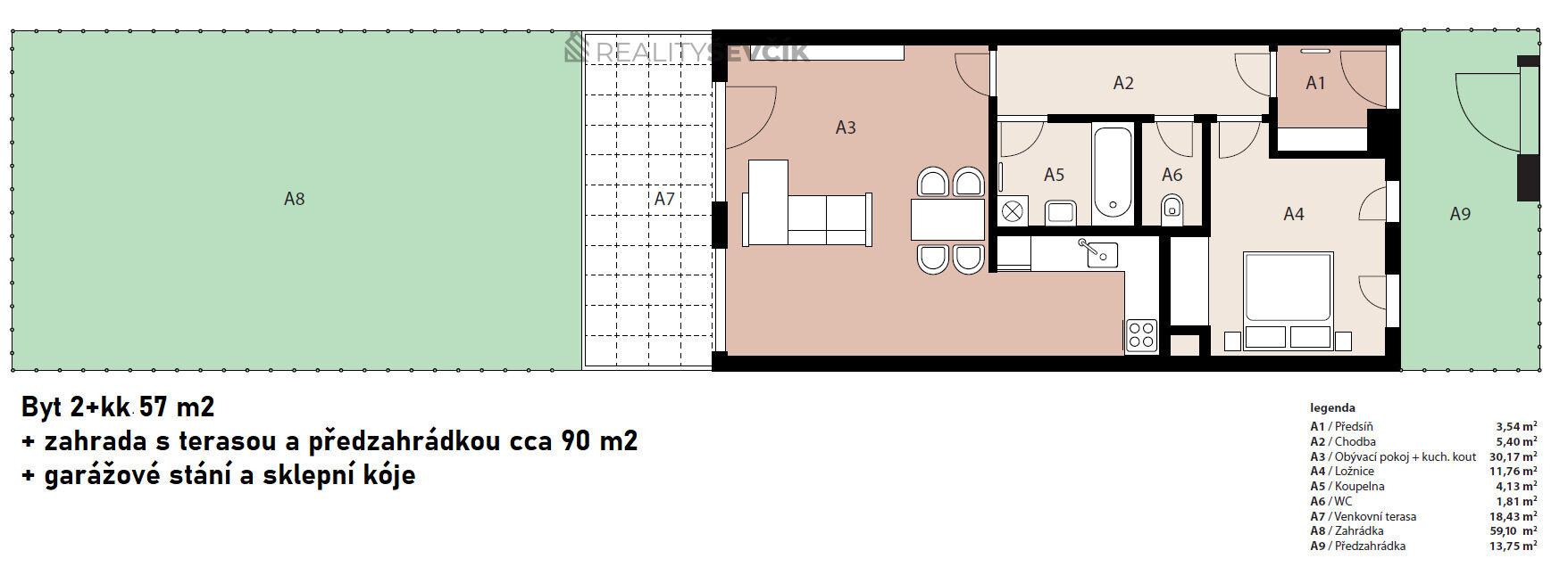 Byt 2+kk se zahradou 59 m², terasou a garážovým stáním v uzavřené Rezidenci Libuš, Praha 4