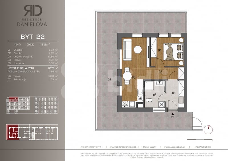 Prodej nového bytu 2+kk, 44 m2 + terasa 50 m2, Praha Čakovice