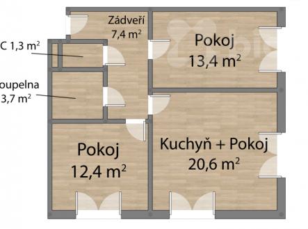 Prodej moderního družstevního bytu 3+kk (62 m&#178;) s předzahrádkou, garážovým stáním a komorou
